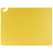A yellow rectangular San Jamar cutting board with a hook.