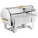 A Choice stainless steel full size chafer with gold accents and a roll top lid.