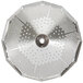 A stainless steel circular sieve with holes.