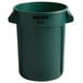 A green Rubbermaid Brute 32 gallon round plastic trash can.