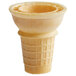 A close up of a yellow JOY flat bottom cake cone with a lid on top.