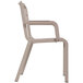A taupe plastic chair with armrests.