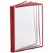 A burgundy leather menu cover with clear plastic inserts.