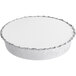 A round white aluminum pan with a white surface and a silver rim.