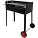 An Omcan black steel charcoal barbecue grill with double brazier and wheels.