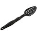 A black high heat nylon slotted spoon with a handle.