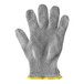A grey and yellow Schraf cut-resistant glove with a knitted texture.