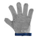 A close-up of a large Schraf stainless steel mesh cut-resistant glove with a blue strap.