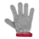 A close up of a Schraf stainless steel mesh cut-resistant glove with a red strap.