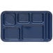 A dark blue rectangular Carlisle compartment tray with 6 square compartments.