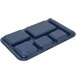 A dark blue Carlisle compartment tray with six square compartments.