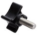 A black plastic and silver thumbscrew knob with a metal nut.