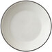 A white stoneware deep plate with a black rim.