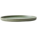 A close up of a Oneida Moira smoky basil stoneware plate with a rim in green.