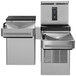 A Haws dual stainless steel wall mount water cooler with a touchless bottle filler.