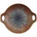 A cheforward clay melamine plate with a brown and blue wok design and handles.