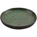 A green melamine plate with a brown rim.