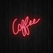 A red neon sign that says "coffee" on a black background.