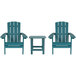A group of sea foam blue Flash Furniture faux wood Adirondack chairs with a table.