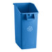 A blue Lavex rectangular under-counter recycling bin with a white recycle symbol on it.