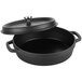A Spring USA Ironlite black cast iron round casserole dish with lid.