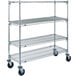 A Metro chrome wire shelving unit with rubber casters.