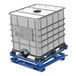 A blue steel Vestil intermediate bulk container tilt stand on a blue pallet.