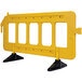 A Vestil yellow plastic barrier with black legs.