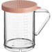 A clear polycarbonate shaker with a pink lid.