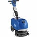 A blue Clarke Vantage walk behind floor scrubber with wheels and a handle.