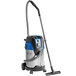 A Nilfisk stainless steel wet/dry vacuum with a blue handle.