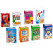 A variety of Kellogg's single-serve cereal boxes including blue, pink, and logo boxes.