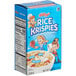A blue and white Kellogg's Rice Krispies cereal box with a logo.