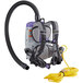 A ProTeam backpack vacuum with a hose and strap attached.