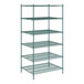 A Regency green metal wire shelving unit with six shelves.