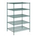 A green Regency wire shelving unit with five shelves.