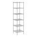 A wireframe of a Regency chrome stationary wire shelving unit with six shelves.