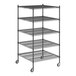 A Regency black wire shelving starter kit with wheels and five shelves.