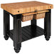 A black maple wood kitchen table with baskets underneath.