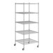 A white wireframe of a Regency chrome mobile wire shelving unit with five shelves.