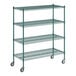A Regency green metal wire shelving unit with four wheels.