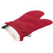 A red San Jamar Cool Touch Flame oven mitt with a white center and trim on a white background.