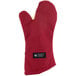 A red San Jamar Cool Touch Flame oven mitt with a black label.