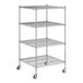 A Regency chrome wire shelving unit on wheels with four shelves.