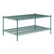 A Regency green metal wire shelving unit with two shelves.