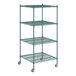 A Regency green wire shelving unit with wheels.