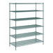 A green metal Regency wire shelving unit with six shelves.