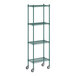 A Regency green metal wire shelving unit with wheels and four shelves.