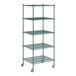 A Regency green wire shelving unit on wheels with 5 shelves.