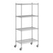 A Regency chrome wire shelving unit with wheels and 4 shelves.